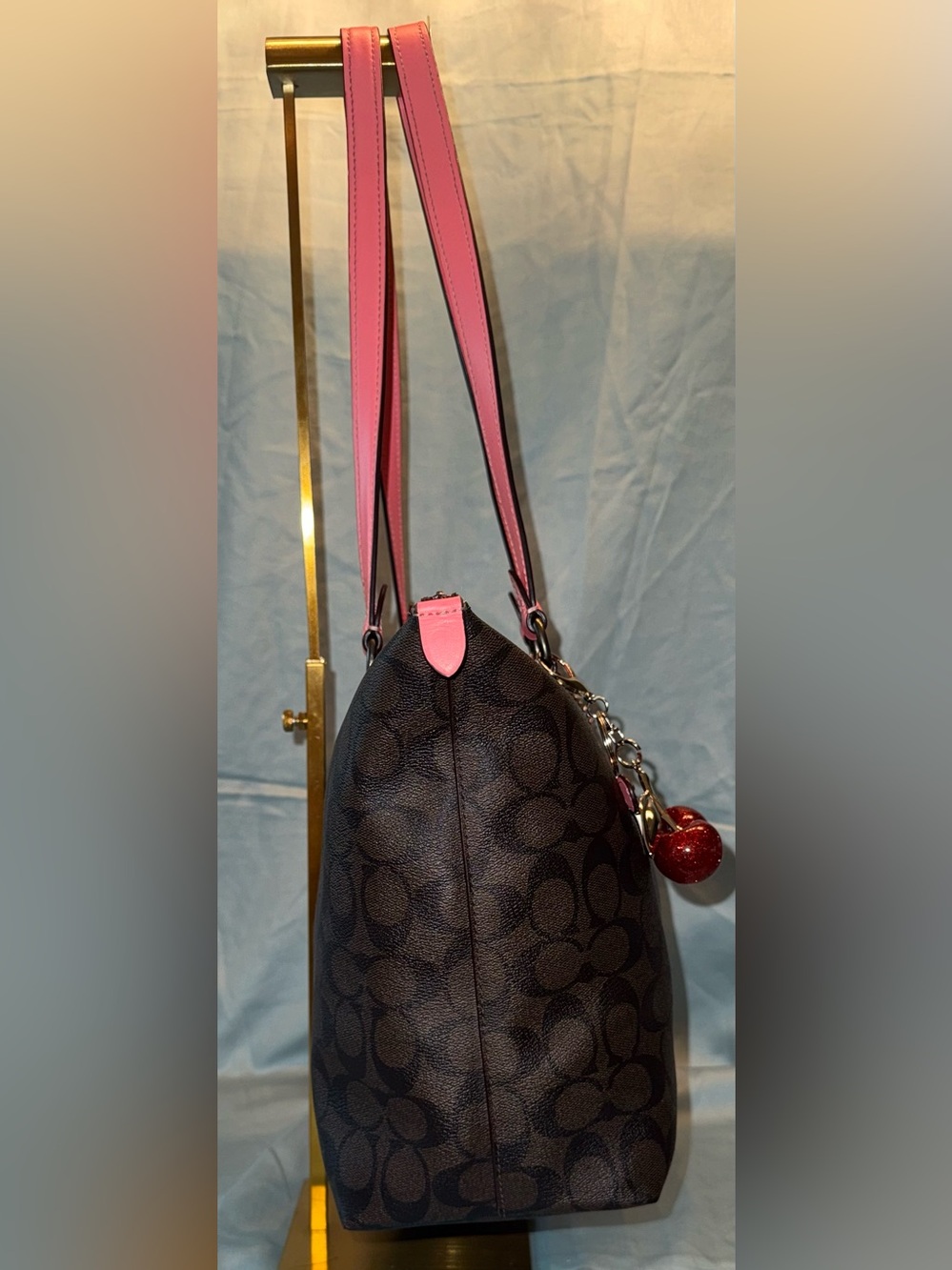 Coach F79609 Gallery Tote in Signature Canvas, with Pink Trim and Cherry Charm - Picture 6 of 13